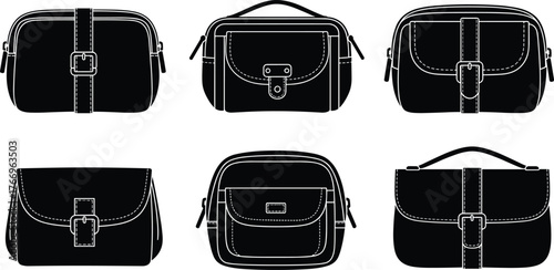 Handbag silhouettes, purse, flap cover, buckle strap, top handle, front pocket, black icons, fashion accessory layout, gear design