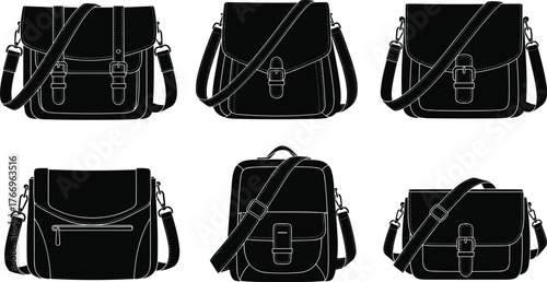 Messenger bag silhouettes, satchel, flap cover, buckle detail, zipper pocket, shoulder strap, black icons, fashion accessory layout