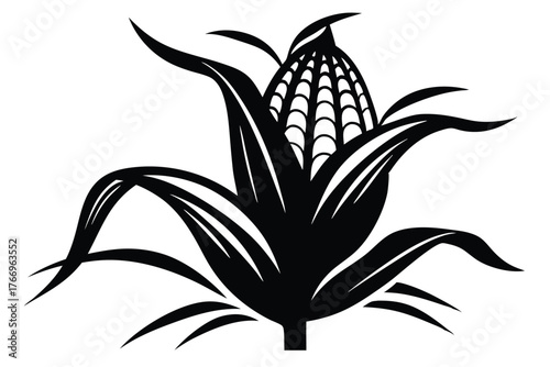 A stylized corn plant featuring corn cob and leaves is presented in black and white
