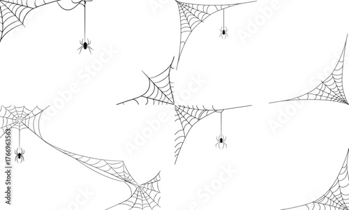 Minimal black spider web corners on white background with hanging spider, elegant Halloween border design with thin delicate lines, clean minimalist vector illustration isolated on white