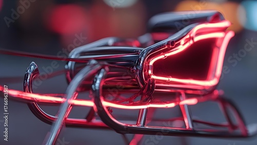 Chrome bicycle frame wrapped in red neon tubing, glowing brightly. Concept Neon-lit bike frame, Chrome bicycle aesthetics, Red neon tubing wrap, Glowing street art vibe, Futuristic cycling design