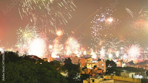 Series of colorful fireworks over the skyline of Bangalore City during Diwali Festival