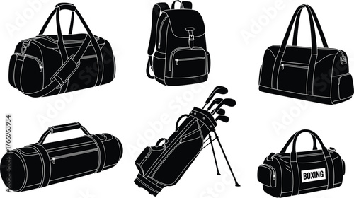 Sports bag silhouettes, duffel, backpack, tote, golf bag, boxing gear, shoulder strap, black icons, athletic and travel layout