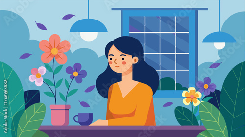 A young woman takes a break from work to admire the blooming flowers surrounding the café.. Vector illustration