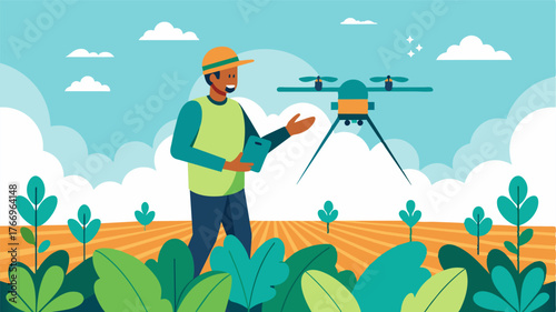 A farmer using a drone to spray a field with a foliar fertilizer providing targeted and efficient nutrition to plants instead of traditional broadcast ods.. Vector illustration