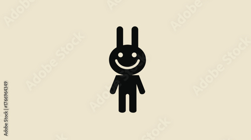 Minimalist Black Smiling Character with Antennae Icon. Simple Happy Humanoid Figure Illustration on Light Beige Background