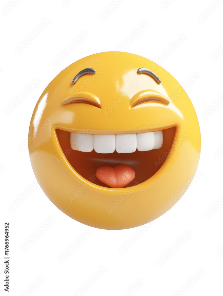 Fototapeta premium Joyful emoji face with big smile and laughing expression