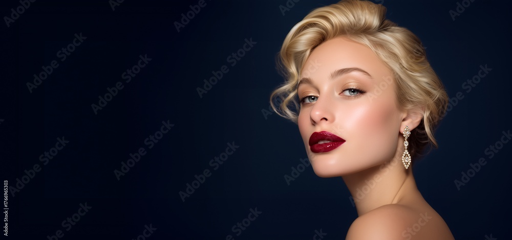 Fototapeta premium Blonde woman with red lips and elegant hairstyle on dark blue background