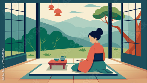 A woman works from a traditional tatami mat room in a Japanese garden the sliding doors open to allow a gentle breeze and the sound of distant wind chimes.. Vector illustration