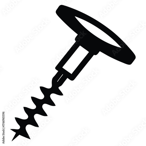A black and white corkscrew tool shows the helical screw and handle clearly