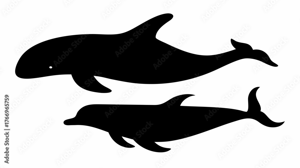 Fototapeta premium Two black silhouettes of dolphins swimming gracefully in the ocean on a white background vector image
