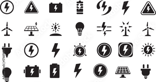 Collection of energy icons representing various sources of power in simple black silhouette style for design resources