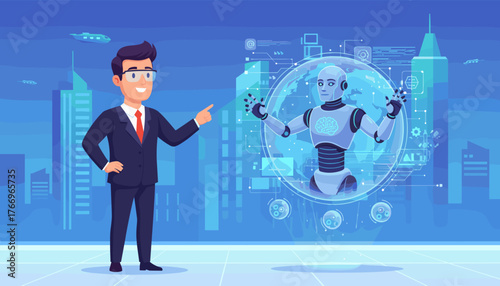 Futuristic businessman in a suit interacting with a holographic AI robot and globe, showcasing advanced technology and artificial intelligence in a modern city skyline with flying vehicles
