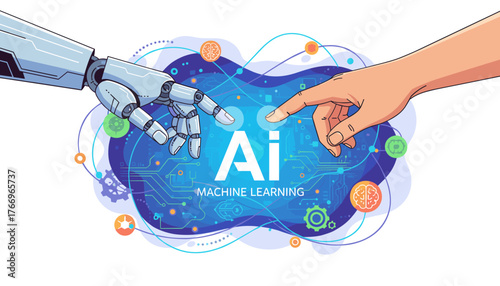 Futuristic concept of Artificial Intelligence and Machine Learning, with a robot hand and a human hand reaching out to touch the AI symbol, surrounded by digital circuits, brains, and gears