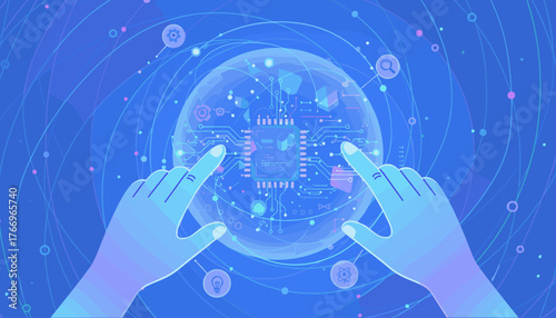 Futuristic AI technology concept: Two human hands interact with a glowing digital sphere containing a complex microchip and circuit board, symbolizing human touch and control over artificial