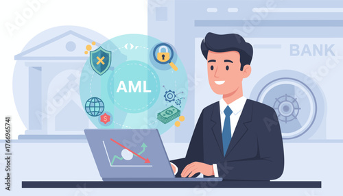 Anti-Money Laundering (AML) concept illustration featuring a businessman in a suit working on a laptop with financial icons, a bank building, and a vault in the background, symbolizing financial