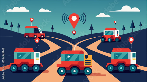 A fleet of autonomous robotic harvesters equipped with GPS technology allowing for precise navigation and coordination ultimately increasing efficiency and reducing errors.. Vector illustration