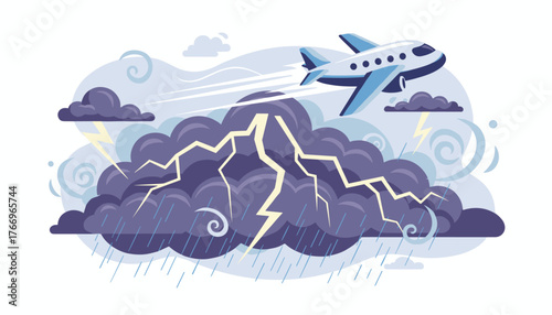 A commercial airplane navigates through a turbulent sky filled with dark storm clouds, heavy rain, and dramatic lightning strikes, illustrating the challenges of air travel during severe weather