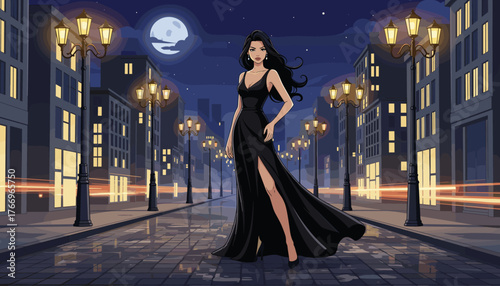 Alluring woman in an elegant, flowing black evening gown with a high slit, posing confidently on a wet city street at night under a full moon, illuminated by vintage streetlights and glowing building