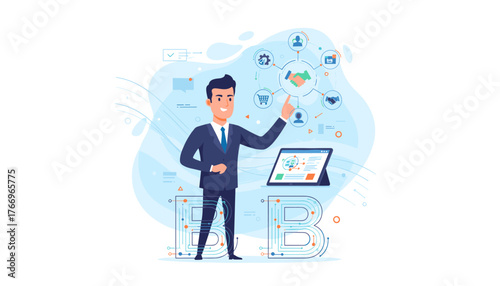 Business-to-business marketing concept illustration: A smiling businessman in a suit interacts with a digital interface, showcasing a network of business connections, handshake icons, and a shopping