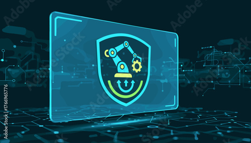 Futuristic holographic display showcasing a vibrant blue and yellow shield icon with a robotic arm and gear, symbolizing automation management and advanced technology, set against a dark, circuit