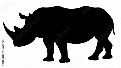 Silhouette depiction of a rhinoceros standing with its head down and two horns clearly visible on its nose