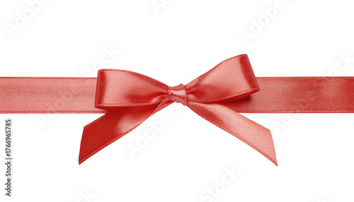 A red satin ribbon tied in a bow, horizontally centered, with a slight sheen visible on transparent background