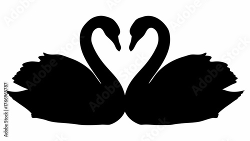 Silhouette of two swans facing each other with their necks forming a heart shape on a white background