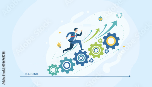 Dynamic illustration of a businessman running up a staircase made of gears, symbolizing progress, strategy, and success in business development, with arrows indicating growth and a laurel wreath