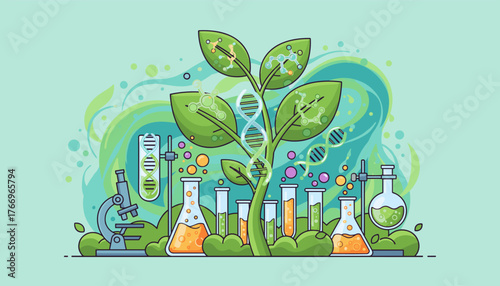 Vibrant illustration of a plant with DNA strands intertwined, surrounded by scientific laboratory equipment like beakers, test tubes, and a microscope, symbolizing biotechnology, genetic research