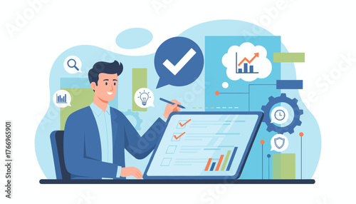 Modern flat illustration of a businessman working on a laptop, completing a checklist with checkmarks, analyzing business performance charts, and symbolizing growth, ideas, and efficiency with icons