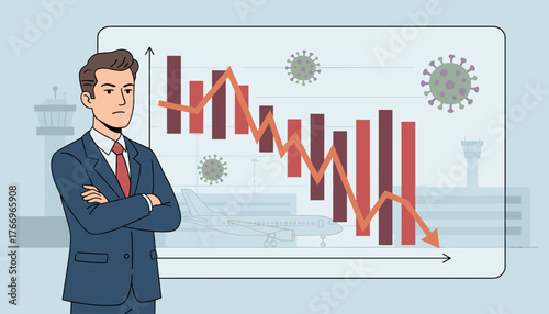 Worried businessman in a suit stands with arms crossed, observing a sharp downward trend on a bar graph overlaid with coronavirus symbols, symbolizing the devastating impact of the pandemic on the