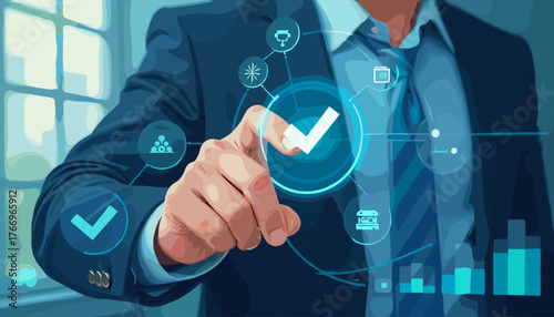 Close-up of a businessman's hand in a suit and tie touching a glowing checkmark icon on a futuristic digital interface, symbolizing successful task completion, quality assurance, and business