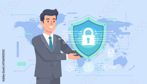 A smiling businessman in a suit presents a digital shield with a lock icon, symbolizing cybersecurity and data protection, set against a world map and technological circuit board graphics