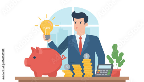 A businessman in a blue suit and red tie holds a glowing lightbulb above a red piggy bank, symbolizing innovation and savings, with stacks of coins and a calculator on a desk, representing financial