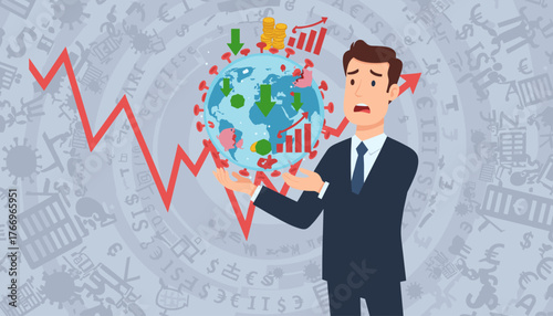 Worried businessman holds a virtual globe covered in coronavirus symbols and financial crisis charts, depicting global economic recession and pandemic impact, with downward trending graphs and