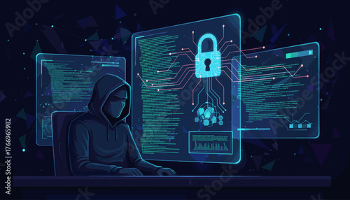 Digital cyber security concept with a hooded hacker figure working on a laptop, surrounded by glowing screens displaying code, data, and a prominent padlock icon symbolizing protection and