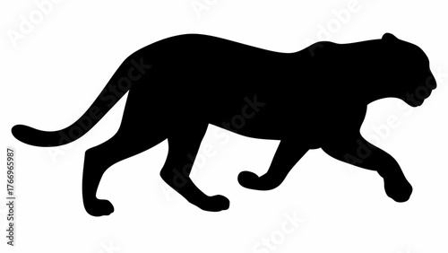 Silhouette of a black panther walking with its tail curled up and its head facing towards the right side