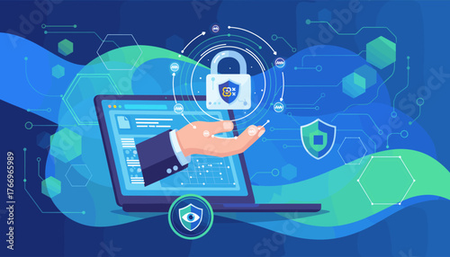 Cybersecurity concept illustration featuring a businessman's hand presenting a glowing padlock icon surrounded by digital network lines and shields, symbolizing data protection and online security in