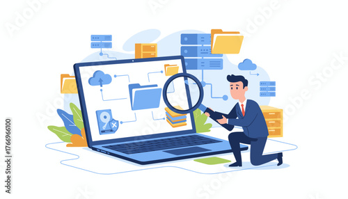 A businessman in a suit examines digital files and data on a laptop screen using a magnifying glass, surrounded by servers, cloud storage, and folders, illustrating concepts of file management, data