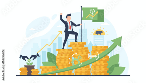 Vibrant illustration of a businessman celebrating on a stack of gold coins, symbolizing financial success, profit, and compound interest growth, with a bull market symbol and upward trending graphs