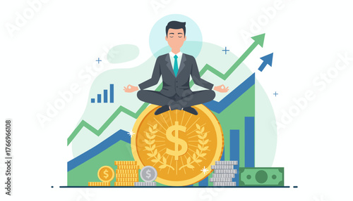 Zen businessman meditating on a giant golden coin, symbolizing financial stability and inner peace amidst rising stock market graphs and stacks of currency, representing wealth management and