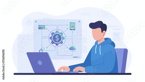 Fintech financial technology concept, digital banking and online payment system, a person working on a laptop with a diagram showing money, credit cards, cloud storage, and mobile app integration