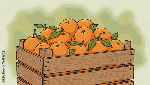 A bountiful harvest of vibrant, ripe tangerines overflowing from a rustic, weathered wooden crate, their bright orange skins glistening, accented by fresh green leaves, set against a soft, blurred