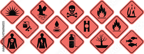 Collection of Hazard Warning Signs for Safety and Precaution Depicting Various Risks and Dangers in Red and Black