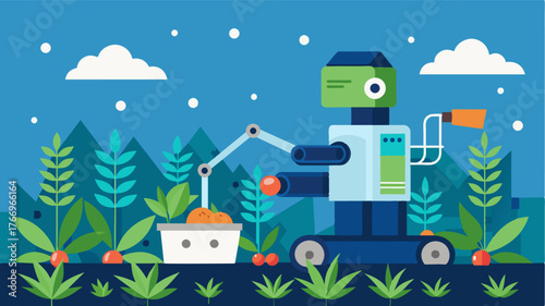 A highly advanced robotic herb harvesting system utilizing machine learning and artificial intelligence to constantly improve and optimize the harvesting process for maximum yield. Vector illustration