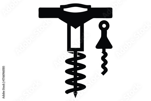 A monochrome silhouette features a classic corkscrew and a decorative spiral detail standing alone in the scene