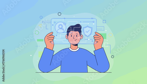 Know Your Customer KYC concept, a person holding a transparent card with user profile and security shield icons, representing digital identity verification and data protection in modern business and