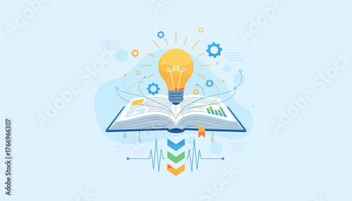 Conceptual illustration of a glowing light bulb symbolizing innovation and inspiration emerging from an open book, surrounded by gears and data charts, representing knowledge and technological
