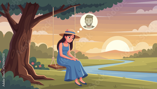 A melancholic young woman sits on a swing under a large tree, tears streaming down her face as she reminisces about a lost loved one, set against a serene sunset landscape with a winding river and
